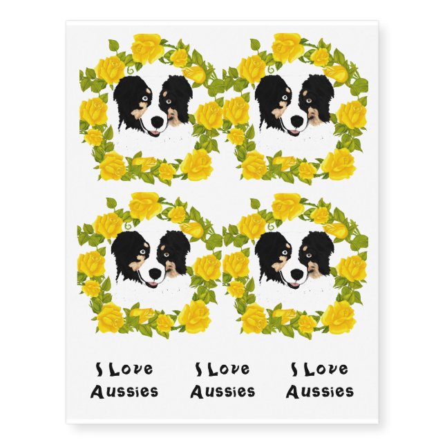 Black Tri Aussie & Yellow Roses Temporary Tattoos (Front)
