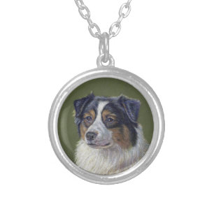 Black Tri Australian Shepherd Dog Art Silver Plated Necklace
