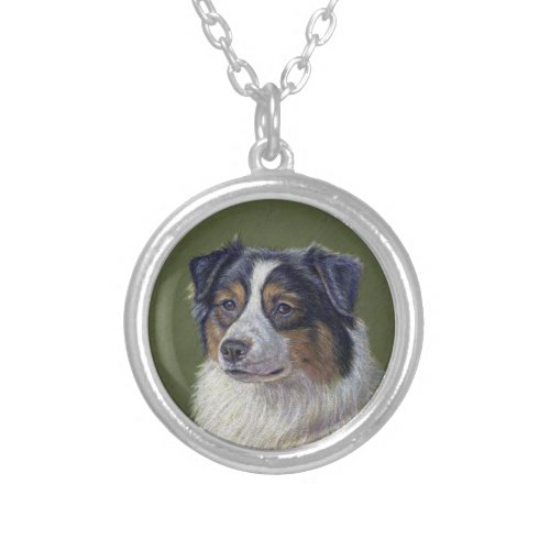 Black Tri Australian Shepherd Dog Art Silver Plated Necklace