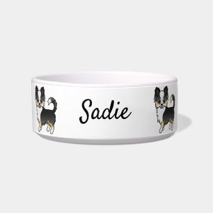 Black Tri Long Coat Chihuahua Cartoon Dog & Name Bowl