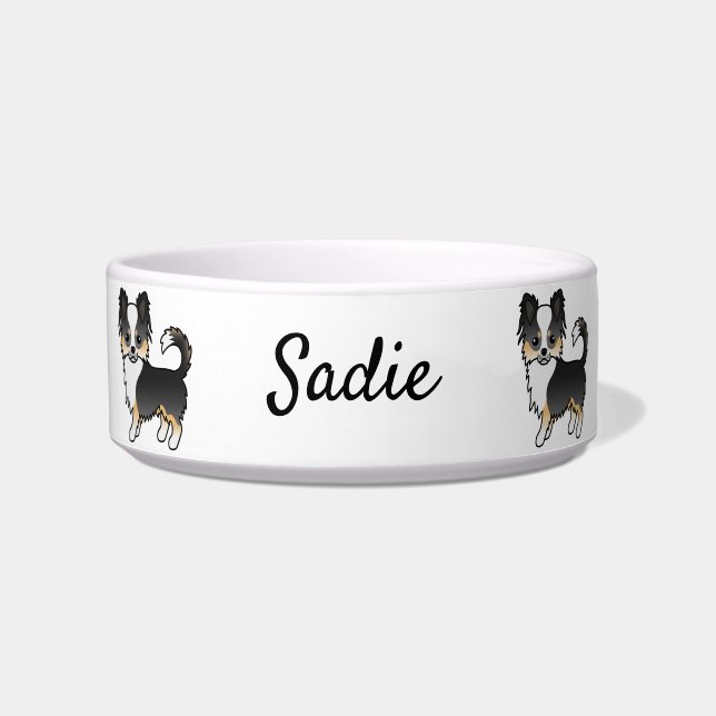 Black Tri Long Coat Chihuahua Cartoon Dog & Name Bowl (Front)