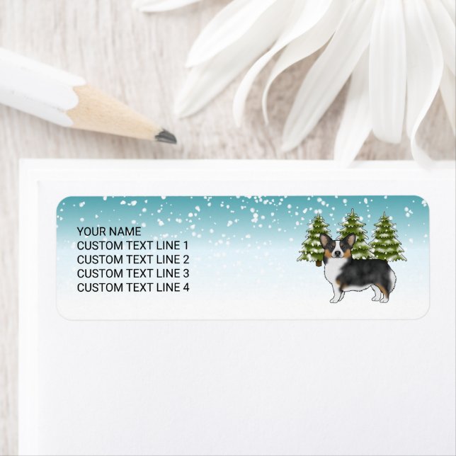 Black Tri Pembroke Corgi Blue Winter Christmas Label (Insitu)