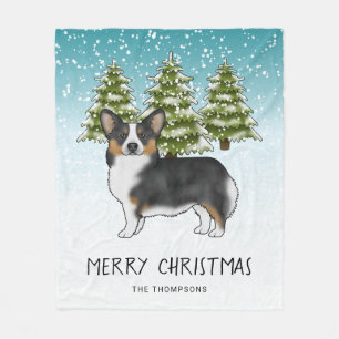Black Tri Pembroke Corgi Snow Forest Christmas Fleece Blanket