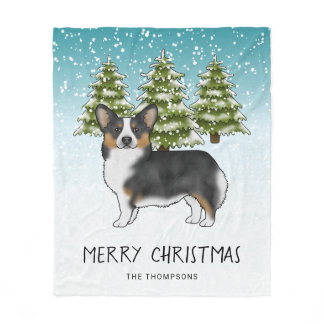 Black Tri Pembroke Corgi Snow Forest Christmas Fleece Blanket