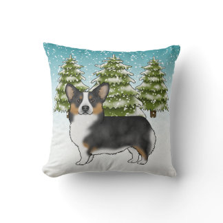 Black Tri Pembroke Corgi Snowy Winter Christmas Throw Pillow