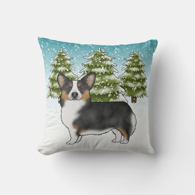 Black Tri Pembroke Corgi Snowy Winter Christmas Throw Pillow (Front)