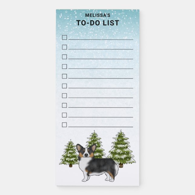 Black Tri Pembroke Corgi Winter Christmas To-Do Magnetic Notepad (Front)