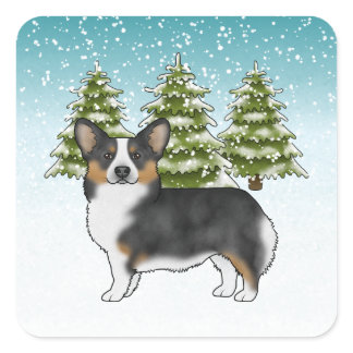 Black Tri Pembroke Corgi Winter Forest Christmas Square Sticker