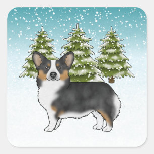 Black Tri Pembroke Corgi Winter Forest Christmas Square Sticker