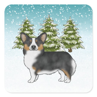 Black Tri Pembroke Corgi Winter Forest Christmas Square Sticker