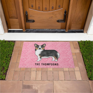 Black Tri Pembroke Welsh Corgi Dog Pink Hearts Doormat