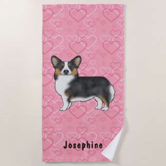 Black Tri Pembroke Welsh Corgi Hearts With Name Beach Towel