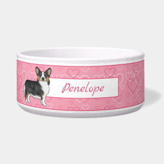 Black Tri Pembroke Welsh Corgi Hearts With Name Bowl