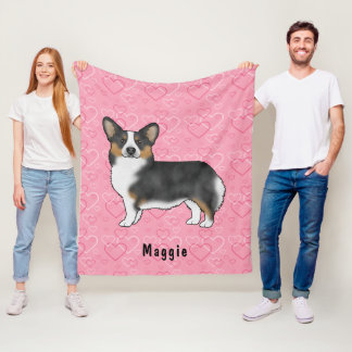 Black Tri Pembroke Welsh Corgi Hearts With Name Fleece Blanket
