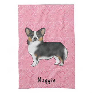 Black Tri Pembroke Welsh Corgi Hearts With Name Kitchen Towel
