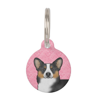 Black Tri Pembroke Welsh Corgi Love Hearts Pink Pet ID Tag