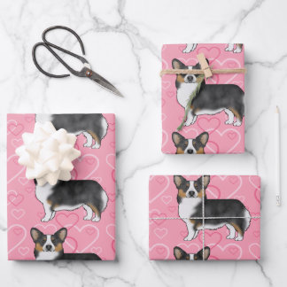 Black Tri Pembroke Welsh Corgi Love Hearts Pink Wrapping Paper Sheets