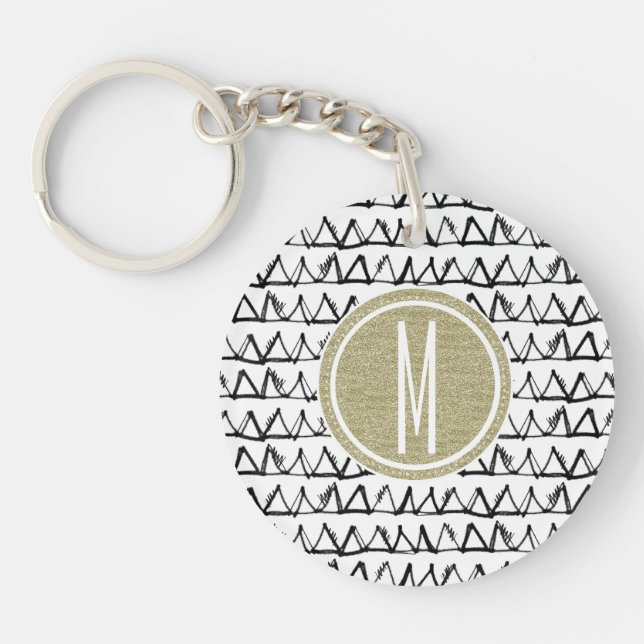 Black Triangles Gold Glitter Monogram Keychain (Front)