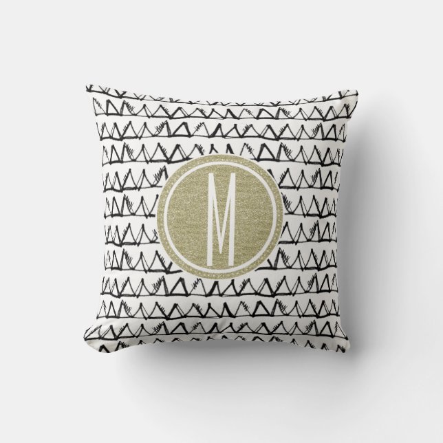 Black Triangles Gold Glitter Monogram Throw Pillow (Front)