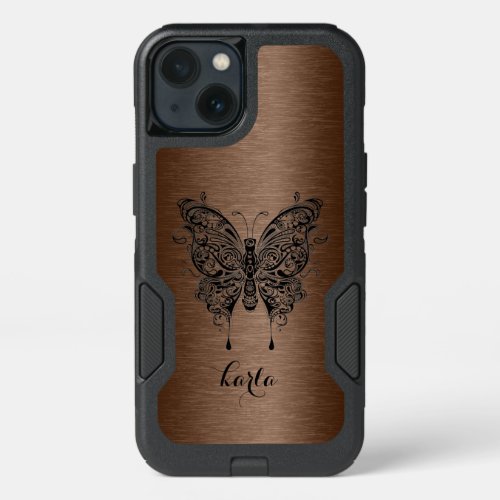 Black Tribal Butterfly Brown Metallic Background iPhone 13 Case