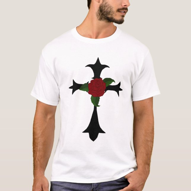 Black Tribal Cross With A  Rose T-Shirt (Front)