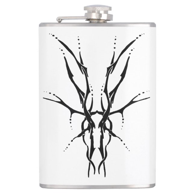 Black Tribal Deer Skull Hunting Design Flask (Front)