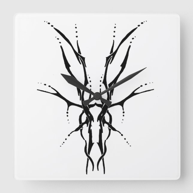 Black Tribal Deer Skull Hunting Design Square Wall Clock (Front)