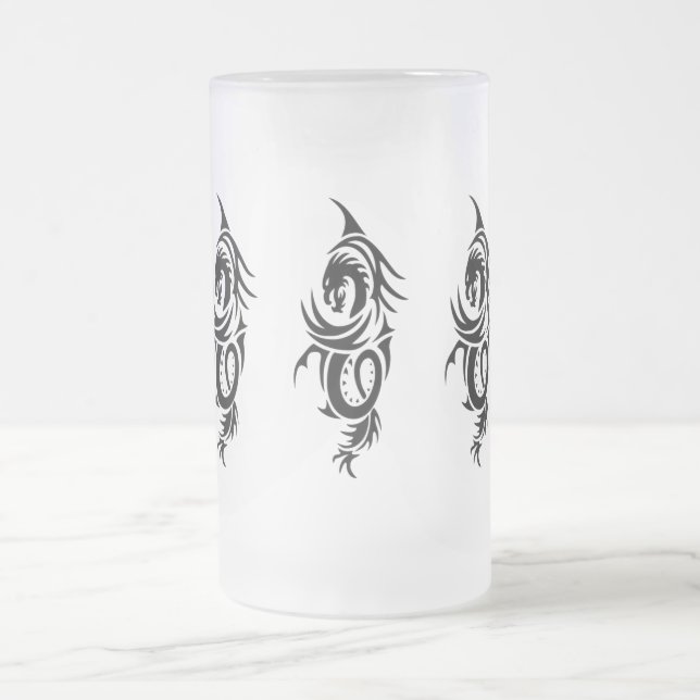 Black Tribal Dragon Frosted Glass Beer Mug (Center)
