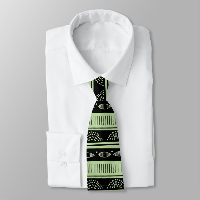 Black tribal pattern on mint-green neck tie (Tied)