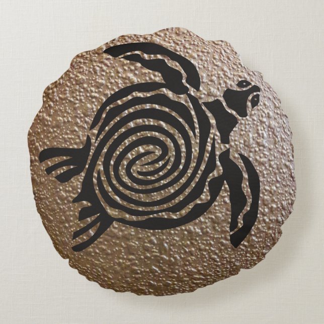Black Tribal Spiral Sea Turtle Round Pillow (Back)