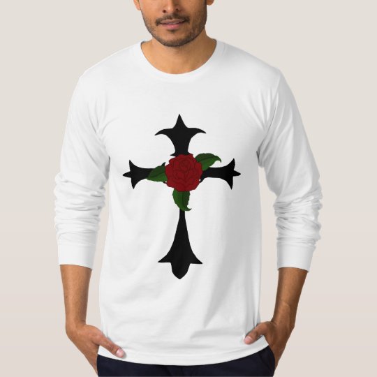 Black Tribal Tattoo Cross With A Red Rose Shirt