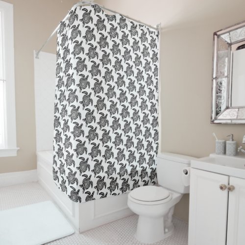 Black Tribal Turtle Pattern on White Shower Curtain