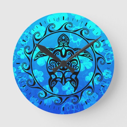 Black Tribal Turtle Round Clock