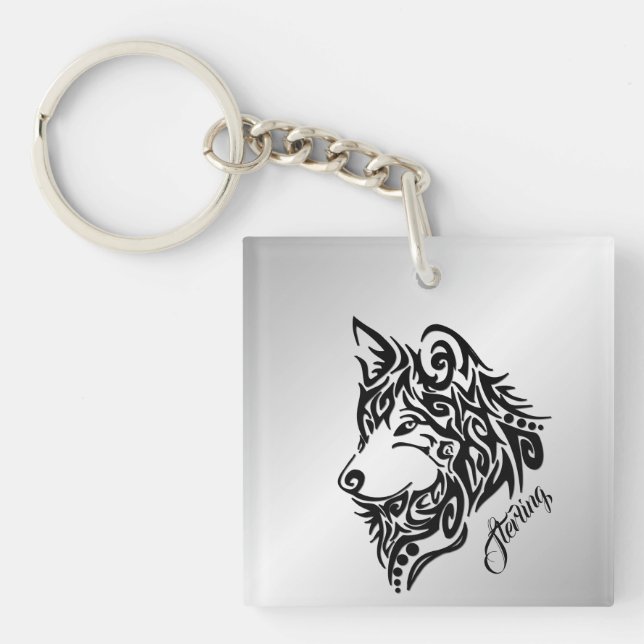 Black Tribal Wolf Keychain (Front)