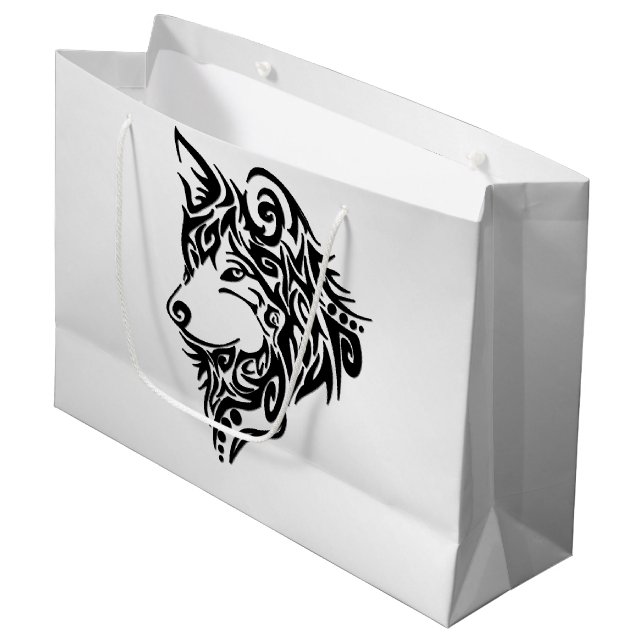 Black Tribal Wolf Large Gift Bag (Front Angled)