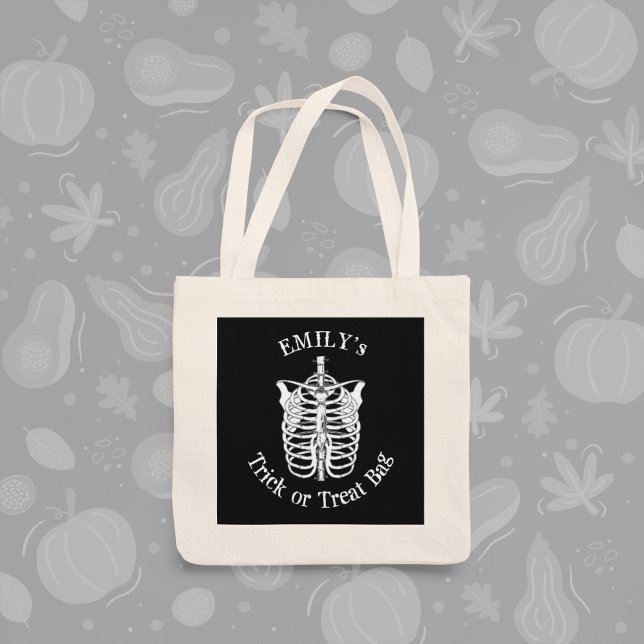 Black Trick or Treat Bat Halloween Typography Tote Bag (Fun Halloween custom trick or treat personalized bag.)
