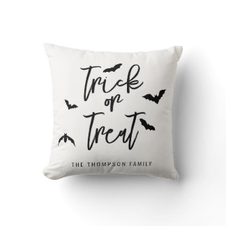 Black Trick Or Treat Text With Bats Halloween Throw Pillow