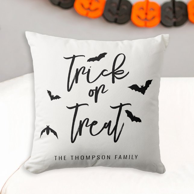 Black Trick Or Treat Text With Bats Halloween Throw Pillow (Creator Uploaded)