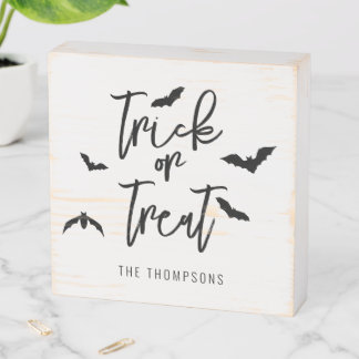 Black Trick Or Treat Text With Bats Halloween Wooden Box Sign