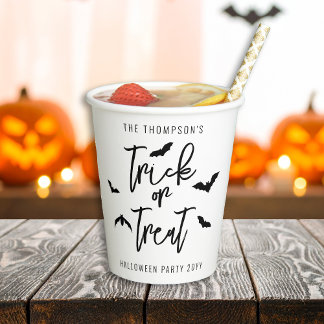 Black Trick Or Treat Typography Bats Halloween Paper Cups