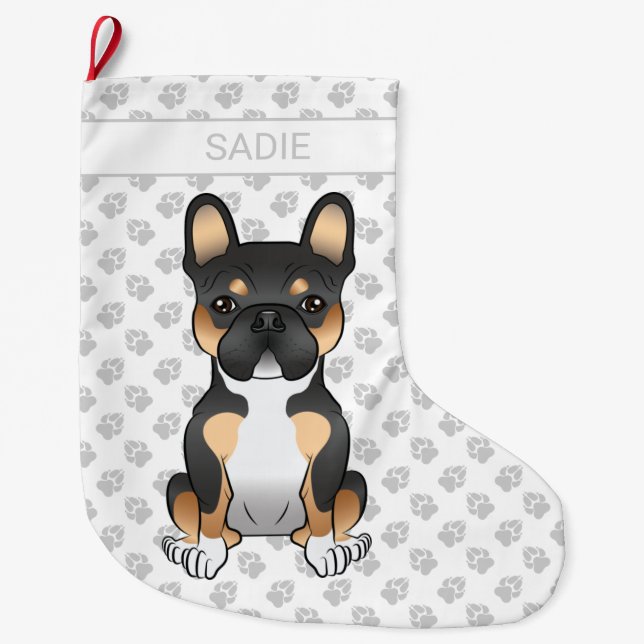 Black Tricolor French Bulldog Frenchie Dog & Name Large Christmas Stocking (Front)
