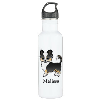 Black Tricolor Long Coat Chihuahua Dog &amp; Name Stainless Steel Water Bottle