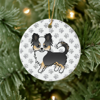 Black Tricolor Long Coat Chihuahua Dog &amp; Paws Ceramic Ornament