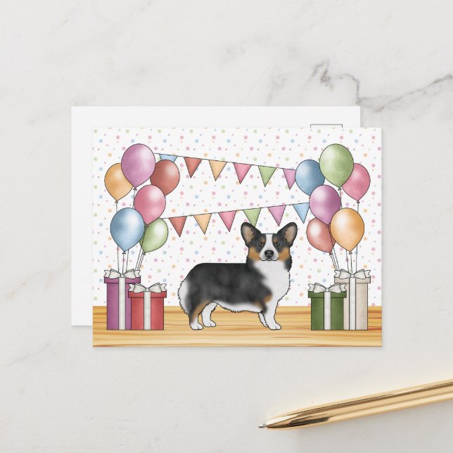 Black Tricolor Pembroke Corgi Dog Pastel Birthday Postcard (Front/Back In Situ)