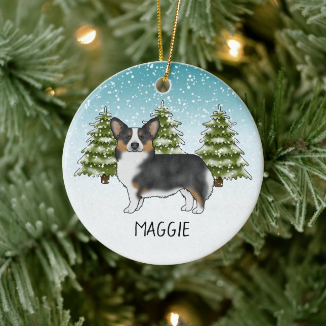 Black Tricolor Pembroke Corgi Dog Winter Christmas Ceramic Ornament (Tree)