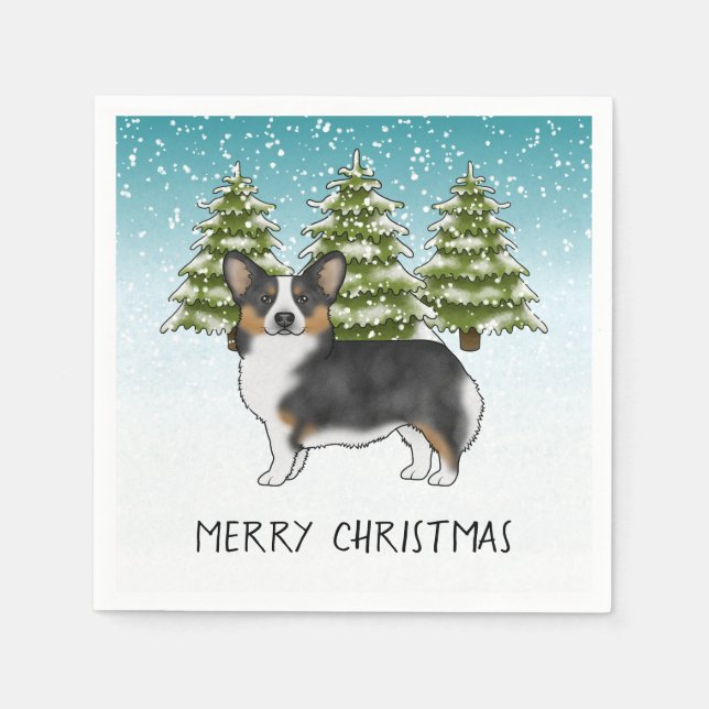 Black Tricolor Pembroke Corgi Dog Winter Christmas Napkins (Front)