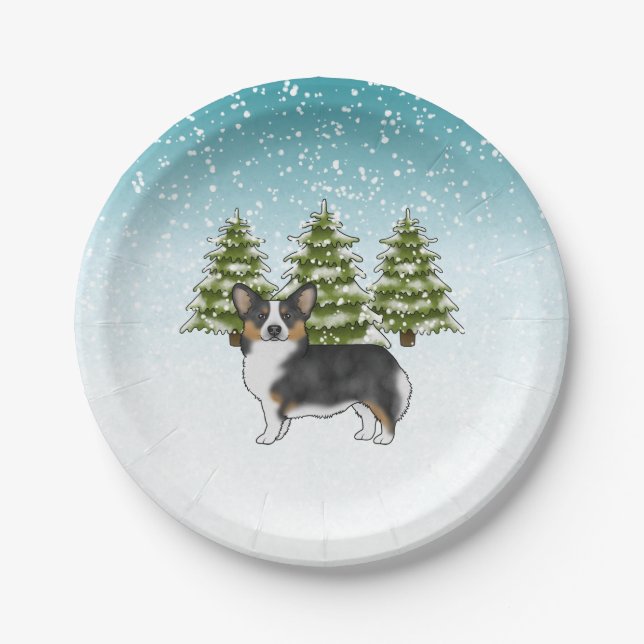 Black Tricolor Pembroke Corgi Dog Winter Christmas Paper Plates (Front)