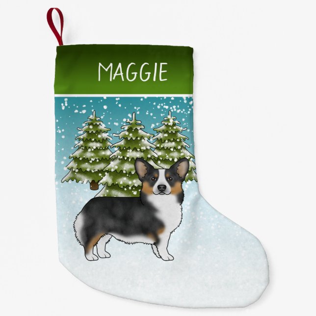 Black Tricolor Pembroke Corgi Dog Winter Christmas Small Christmas Stocking (Front)