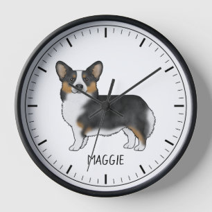 Black Tricolor Pembroke Welsh Corgi And Name Clock