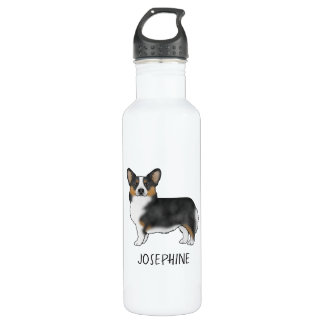 Black Tricolor Pembroke Welsh Corgi And Name Stainless Steel Water Bottle